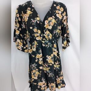 EXHILARATION Western Yellow Black Barbiecore‎ Y2K Floral Wrap Dress (#227)